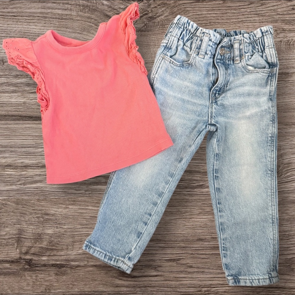 Pink Ruffle Sleeve Top and Blue Jeans Set